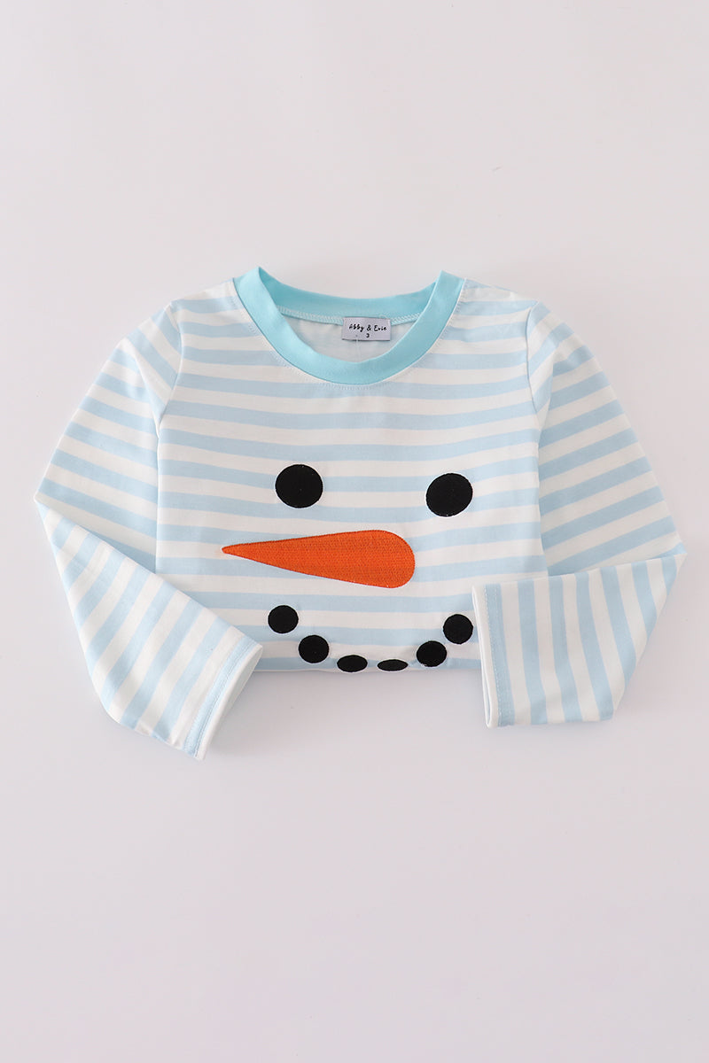 Blue Snowman Embroidery Stripe Pants Set