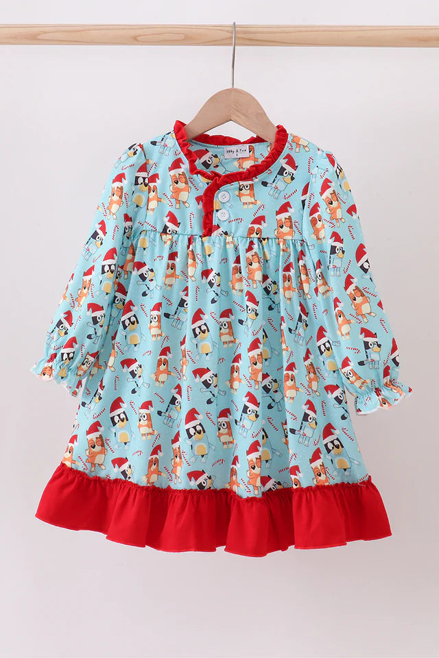 Blue Christmas Character Print Ruffle Gown