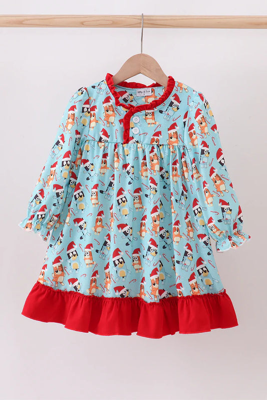 Blue Christmas Character Print Ruffle Gown