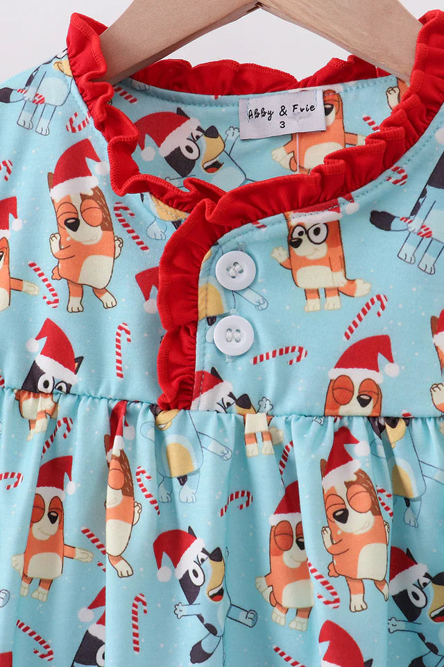 Blue Christmas Character Print Ruffle Gown