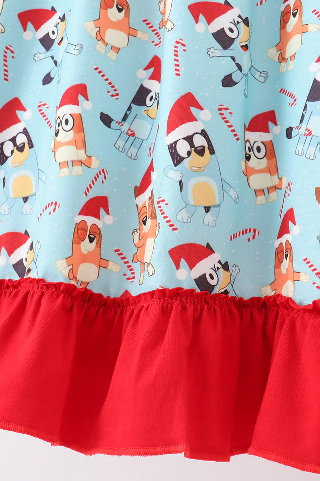 Blue Christmas Character Print Ruffle Gown