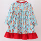 Blue Christmas Character Print Ruffle Gown