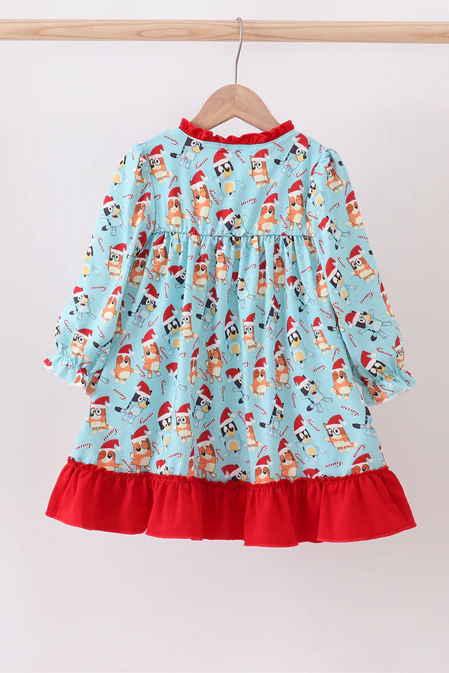 Blue Christmas Character Print Ruffle Gown