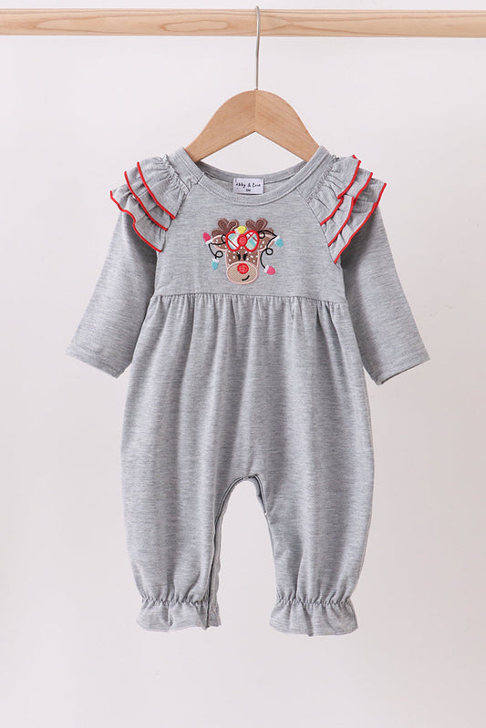 Grey Reindeer Applique Ruffle Romper