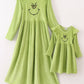 Green Velvet Christmas Charactor Embroidery Mom&Me Dress