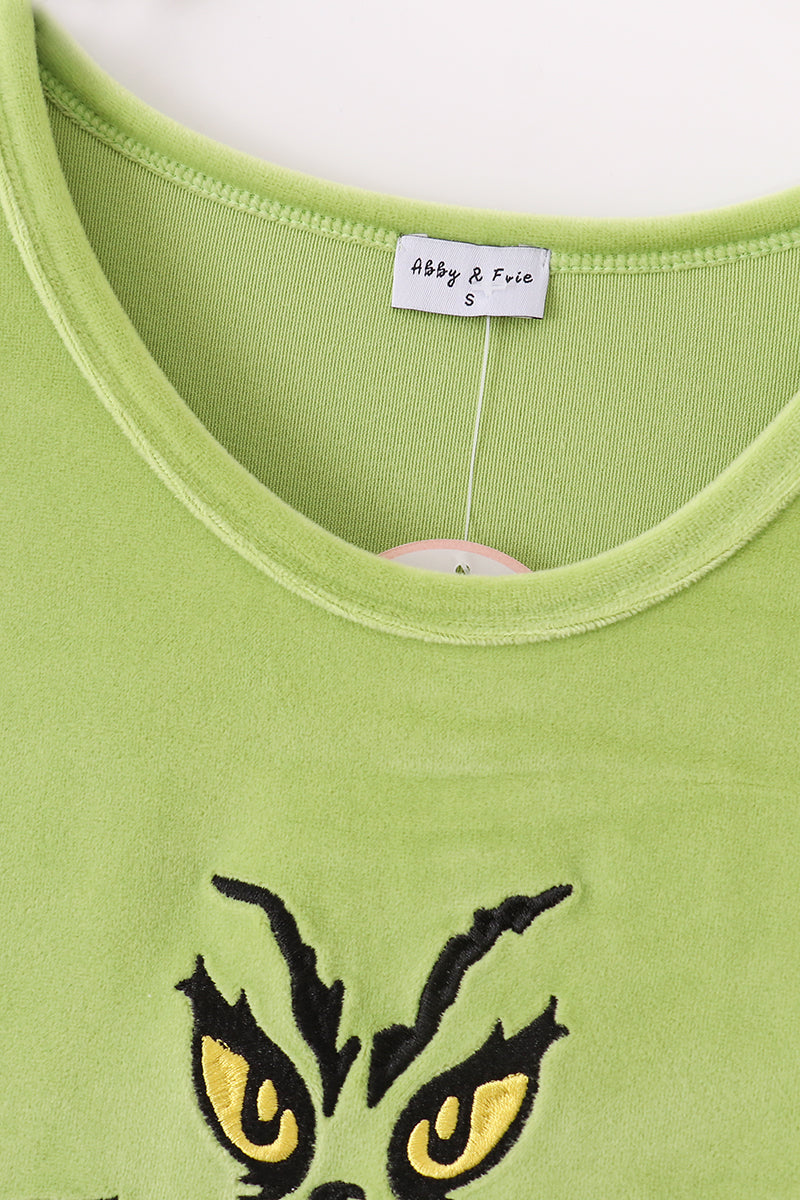 Green Velvet Christmas Charactor Embroidery Mom&Me Dress