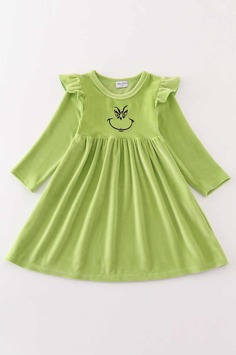 Green Velvet Christmas Charactor Embroidery Mom&Me Dress