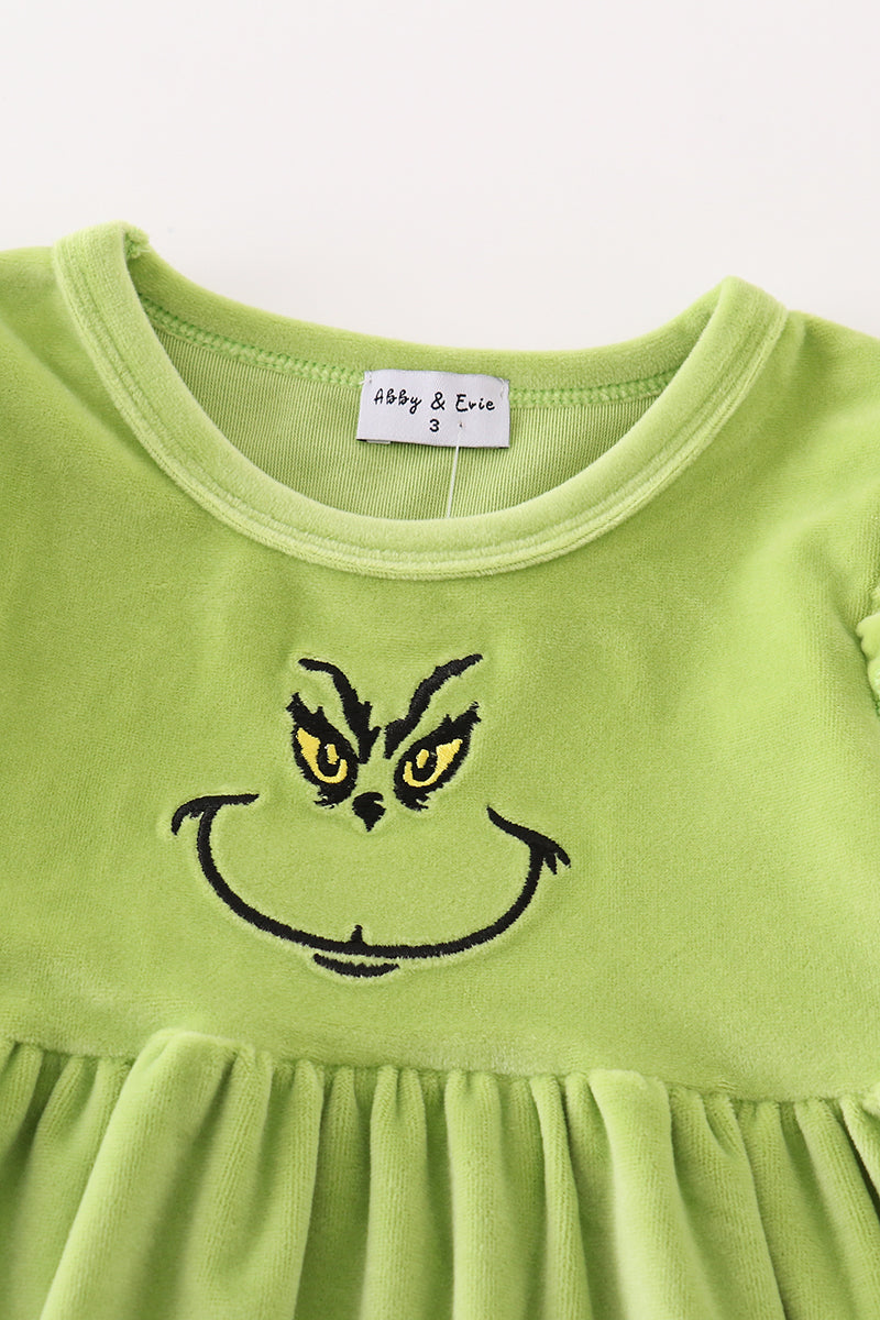 Green Velvet Christmas Charactor Embroidery Mom&Me Dress