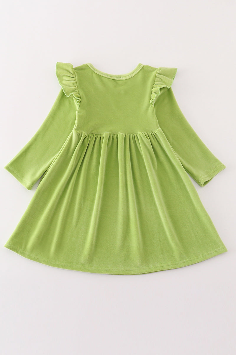 Green Velvet Christmas Charactor Embroidery Mom&Me Dress