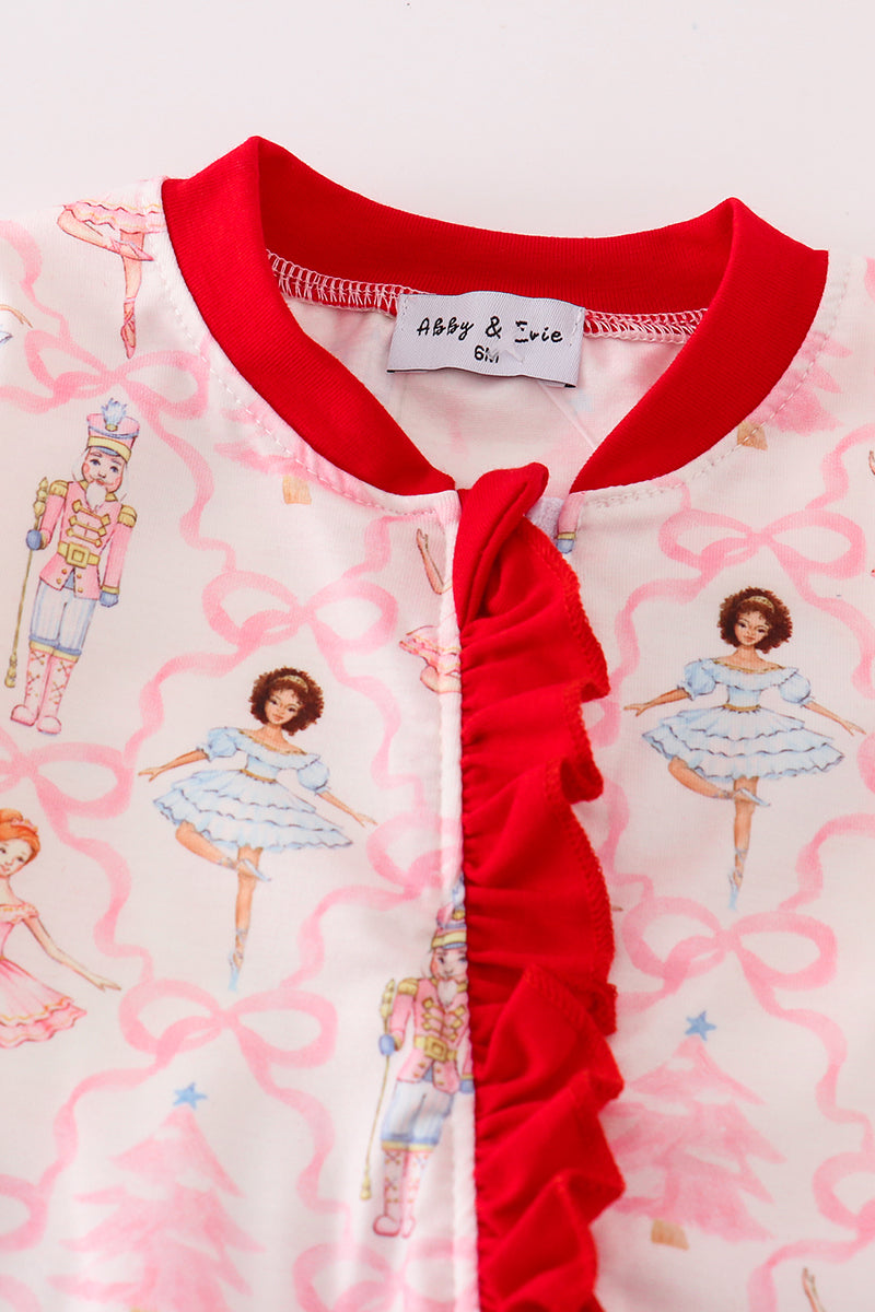 Red Nutcracker Print Ruffle Zip Girl Romper
