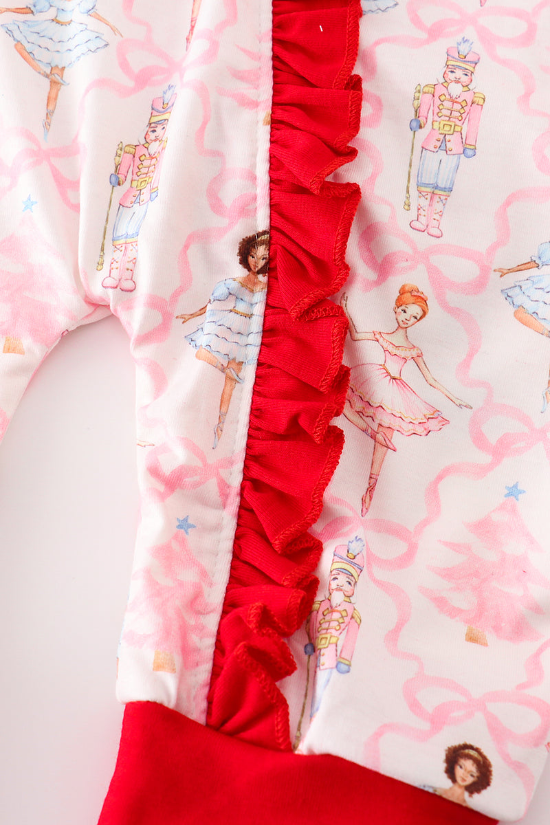 Red Nutcracker Print Ruffle Zip Girl Romper