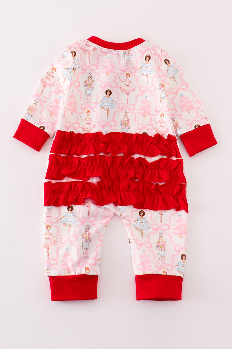 Red Nutcracker Print Ruffle Zip Girl Romper