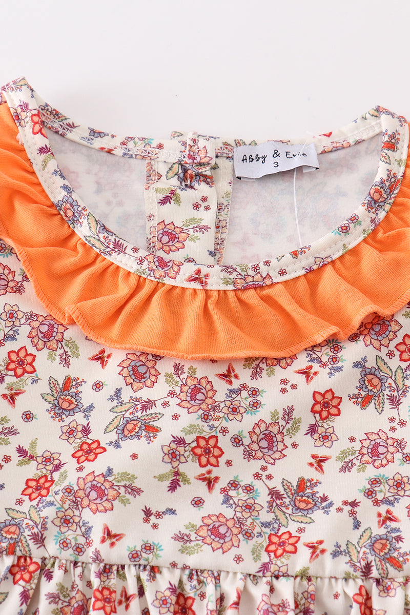 Coral Floral Cow Applique Dress