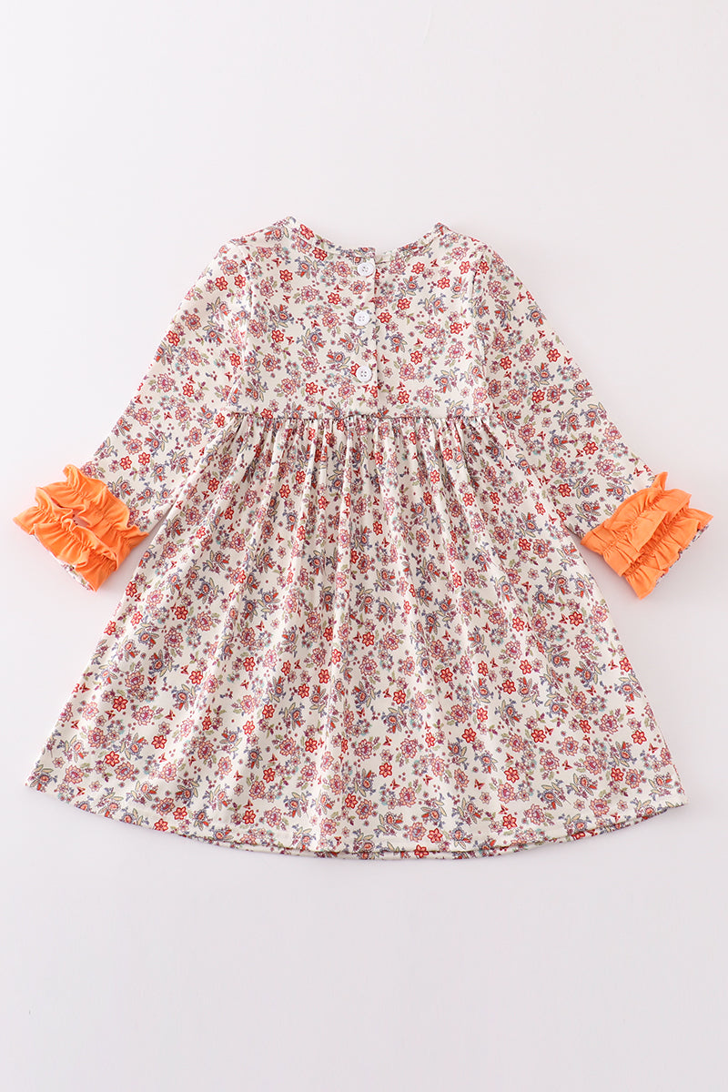 Coral Floral Cow Applique Dress