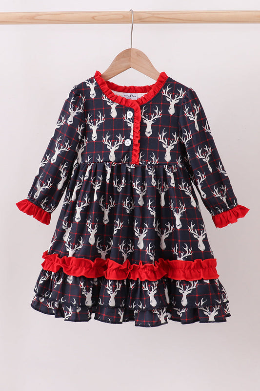 Navy Deer Print Ruffle Dress