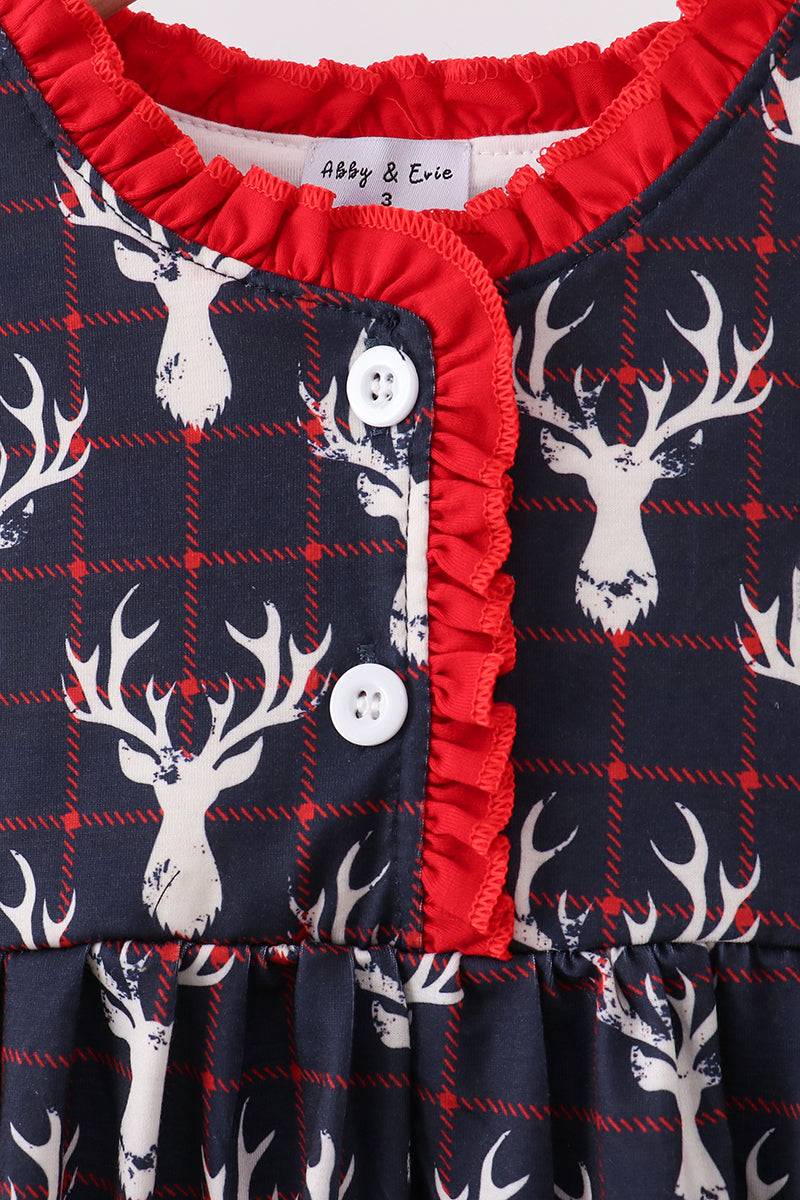 Navy Deer Print Ruffle Dress
