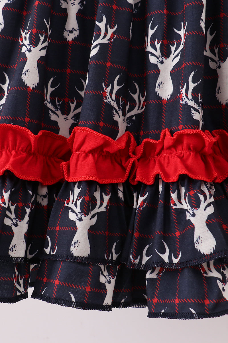 Navy Deer Print Ruffle Dress