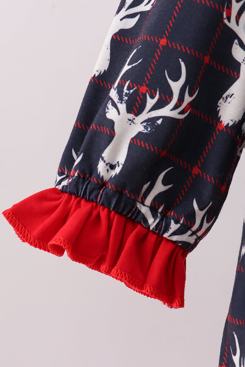 Navy Deer Print Ruffle Dress