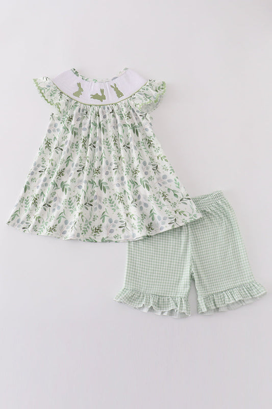 Sage Leaf Bunny Embroidery Smocked Set