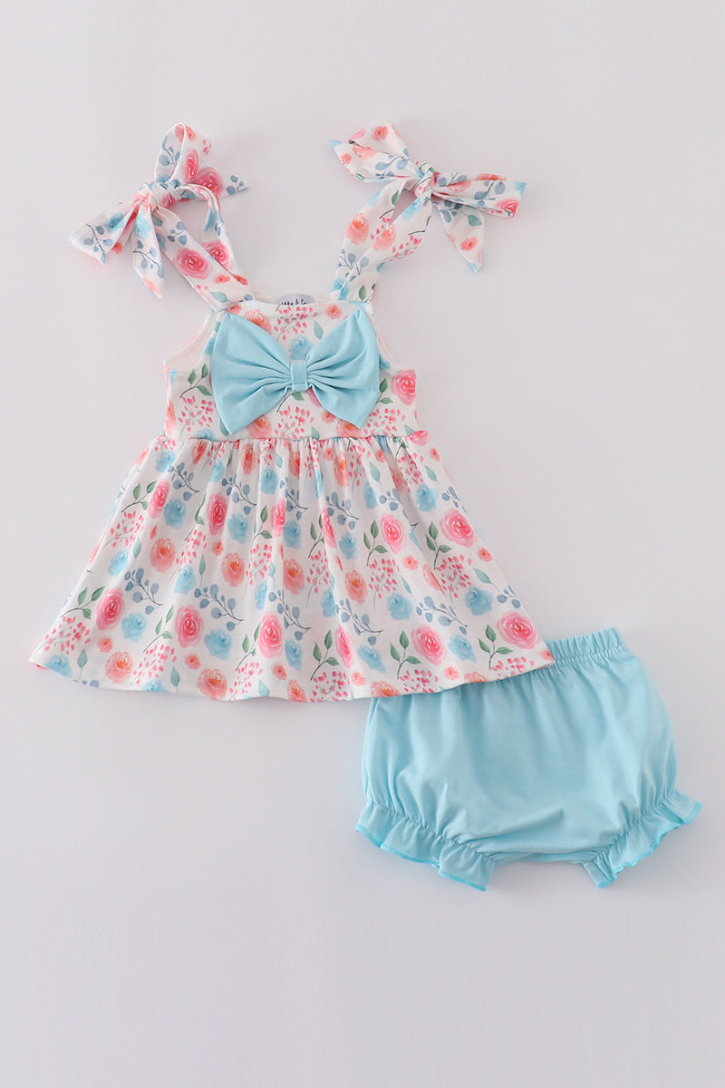 Blue Floral Bow Bloomer Set