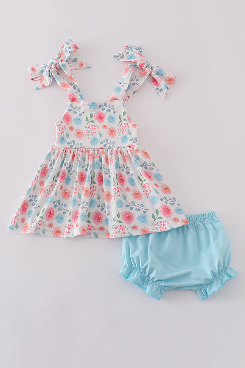 Blue Floral Bow Bloomer Set