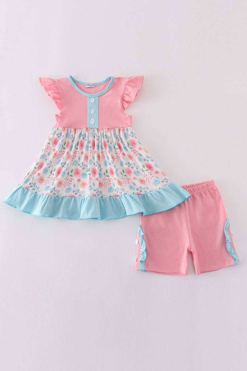 Pink Floral Print Ruffle Set