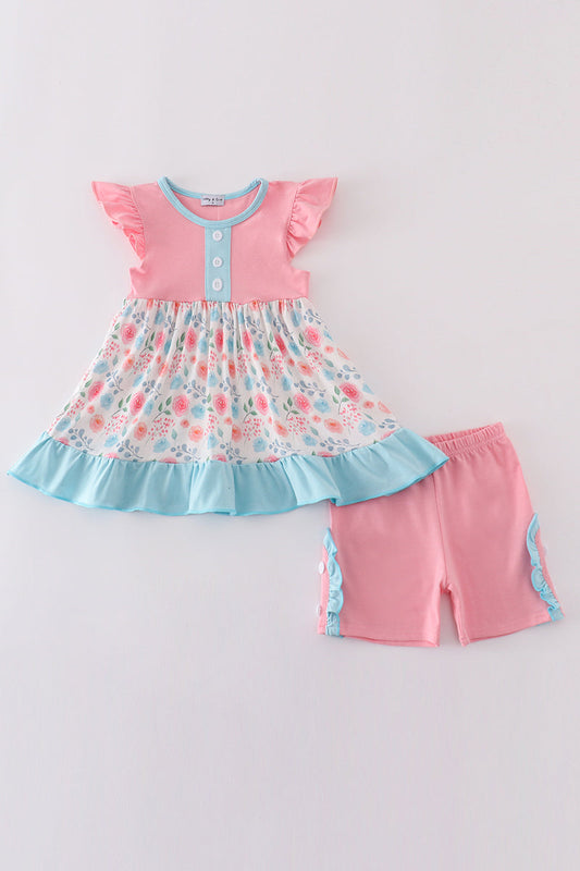 Pink Floral Print Ruffle Set