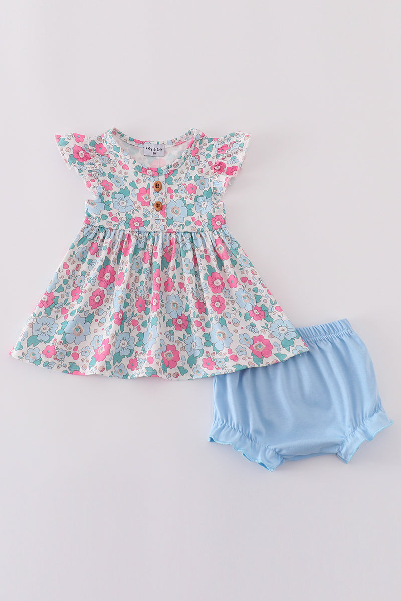 Blue & Pink Floral Print Bloomer Set