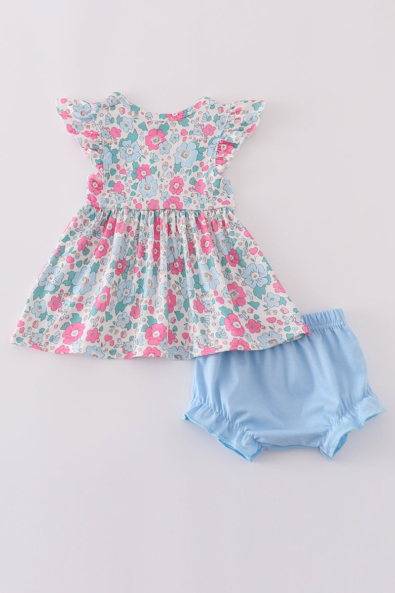 Blue & Pink Floral Print Bloomer Set