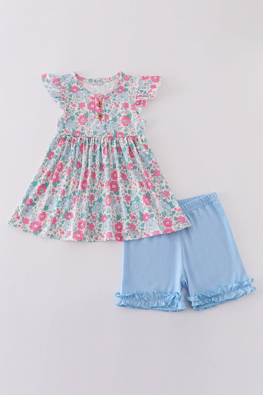 Blue & Pink Floral Print Shorts Set