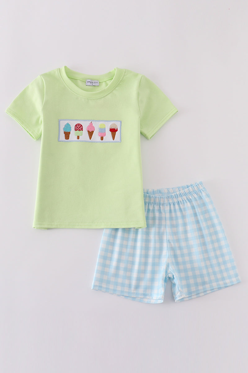 Green Ice Cream Embroidery Shorts Set
