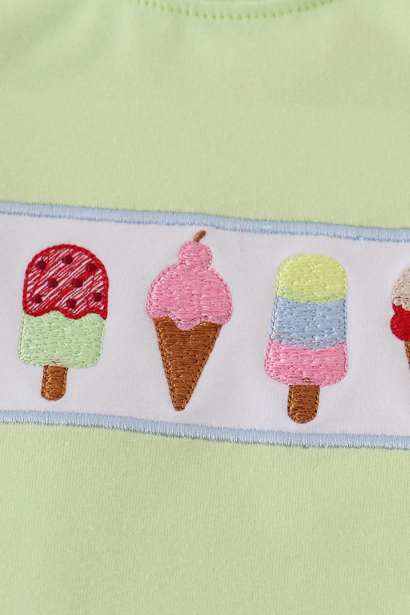 Green Ice Cream Embroidery Shorts Set