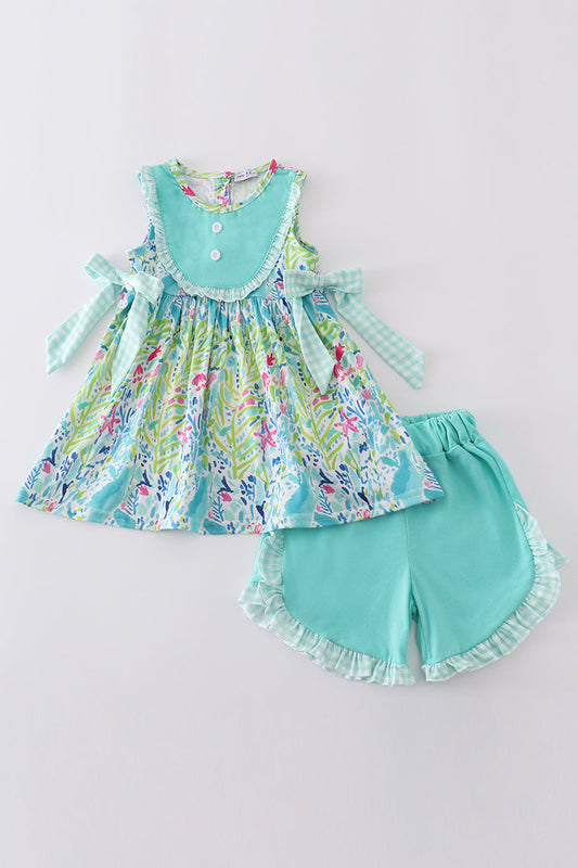 Ocean Bloom Print Ruffle Set