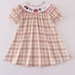 Khaki Farm Embroidery Smocked Plaid Dress