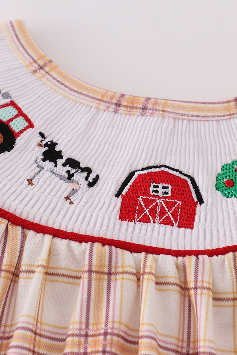 Khaki Farm Embroidery Smocked Plaid Dress