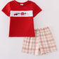 Khaki Farm Embroidery Smocked Plaid Shorts Set