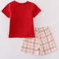 Khaki Farm Embroidery Smocked Plaid Shorts Set