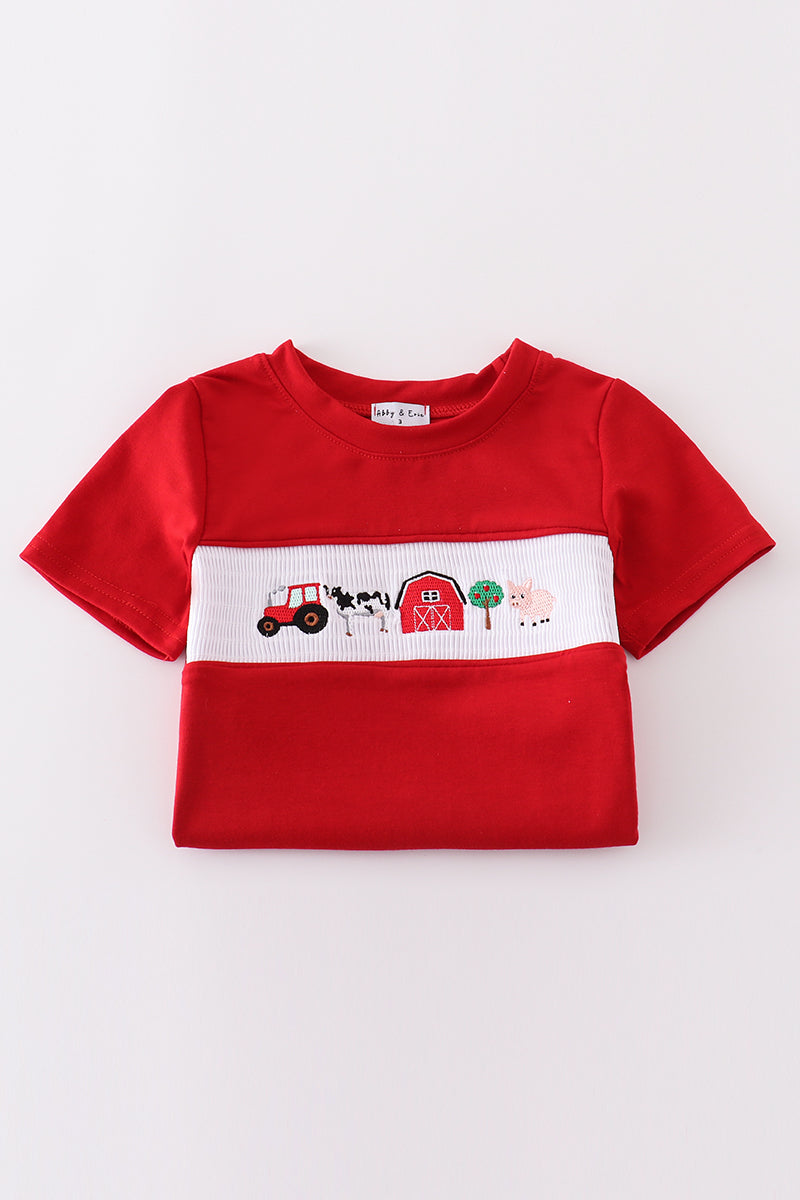 Khaki Farm Embroidery Smocked Plaid Shorts Set