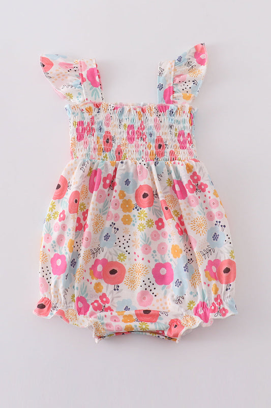 Pink Floral Print Smocked Bubble