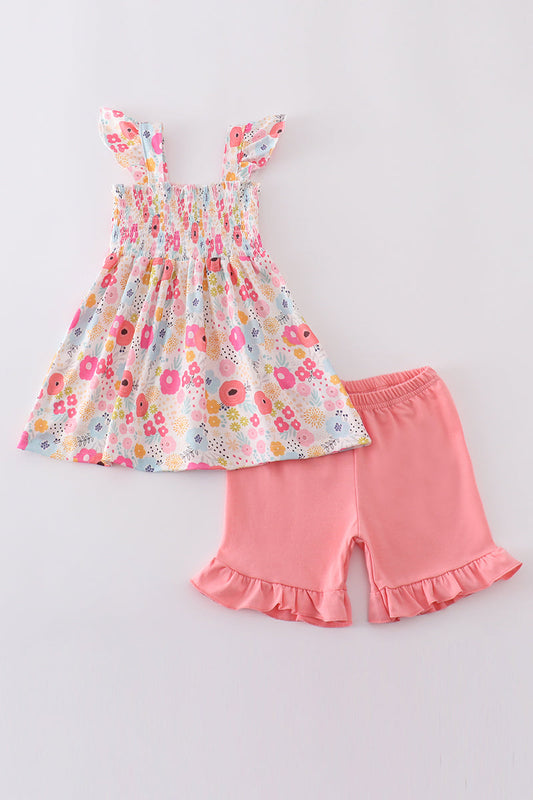 Pink Floral Print Smocked Set