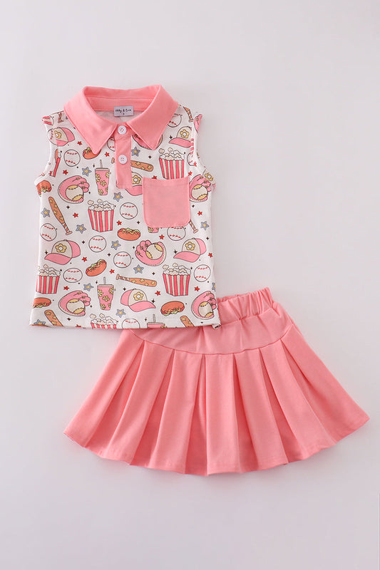 Pink Baseball Print Girl Skort Set