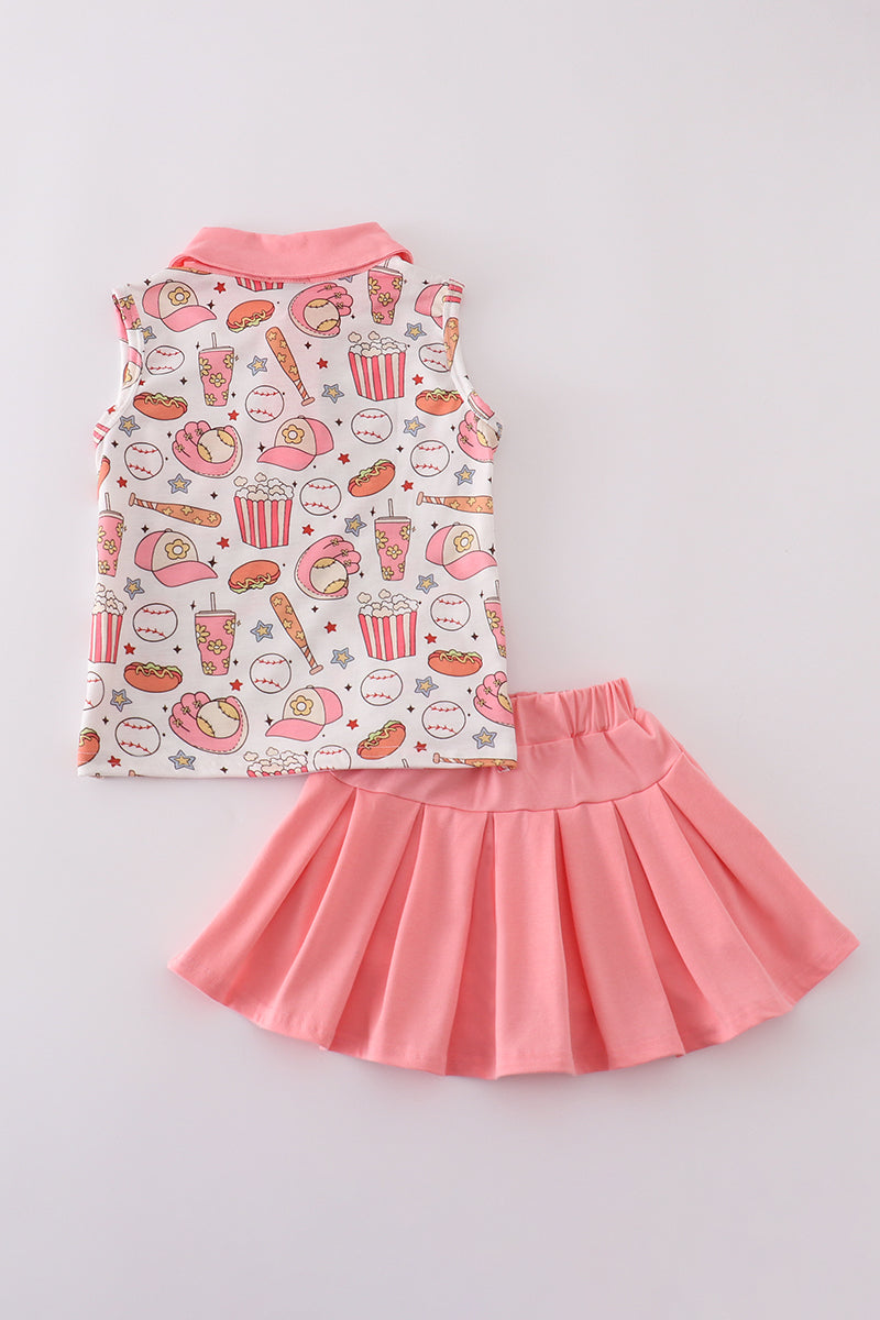 Pink Baseball Print Girl Skort Set