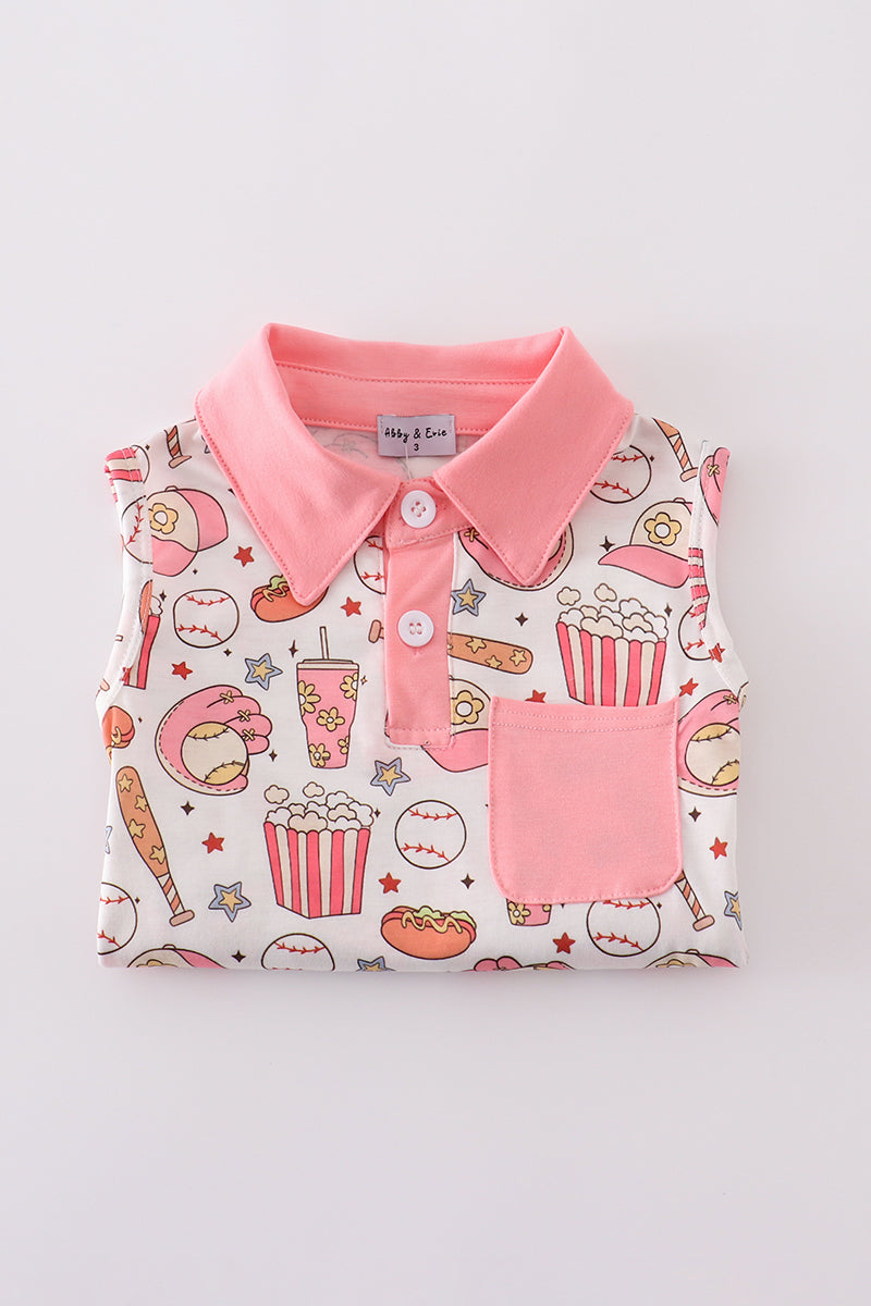 Pink Baseball Print Girl Skort Set