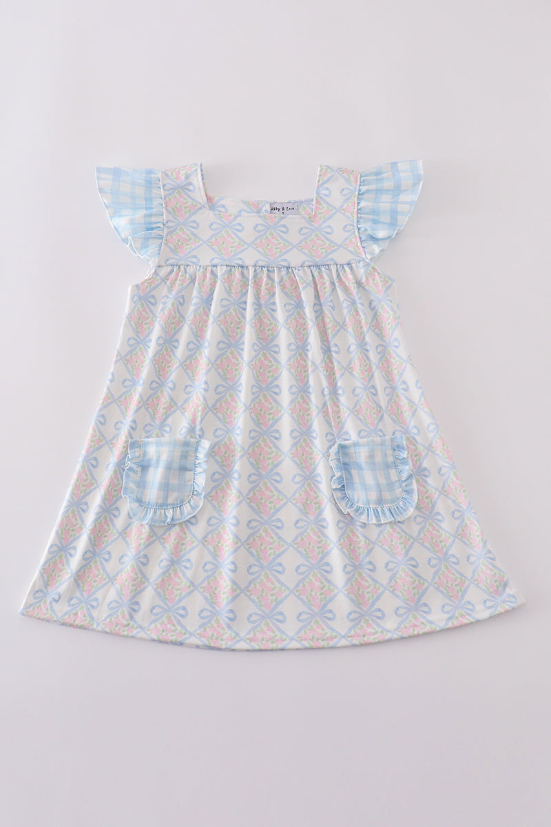 Plaid Floral Bow Print Girl Dress