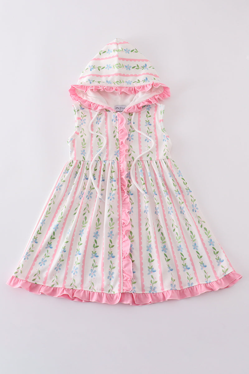 Pink Floral Print Girl Ruffle Hoodie Dress