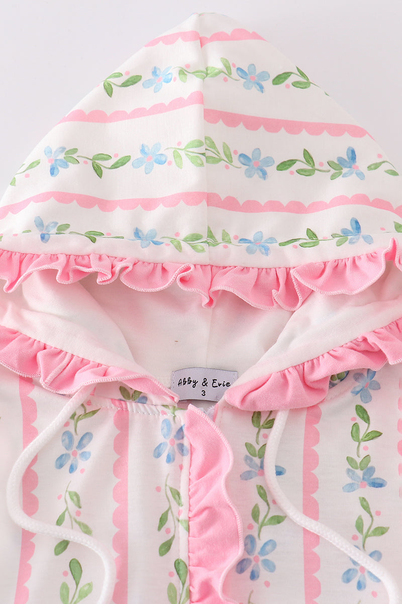 Pink Floral Print Girl Ruffle Hoodie Dress
