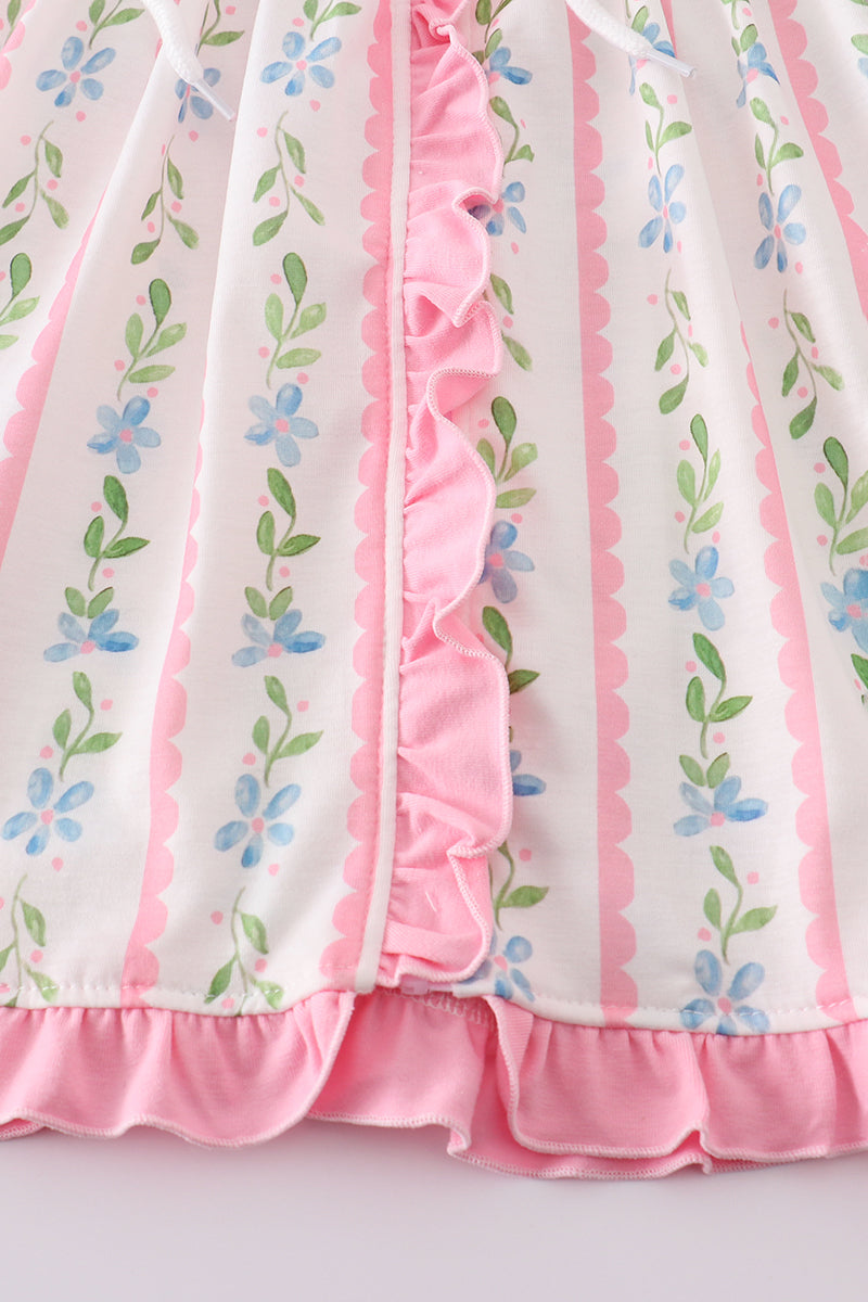Pink Floral Print Girl Ruffle Hoodie Dress