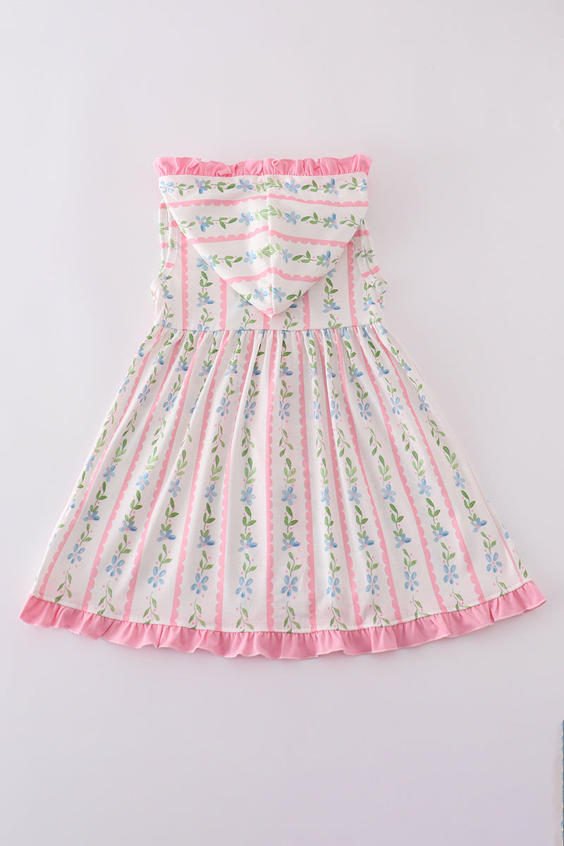 Pink Floral Print Girl Ruffle Hoodie Dress