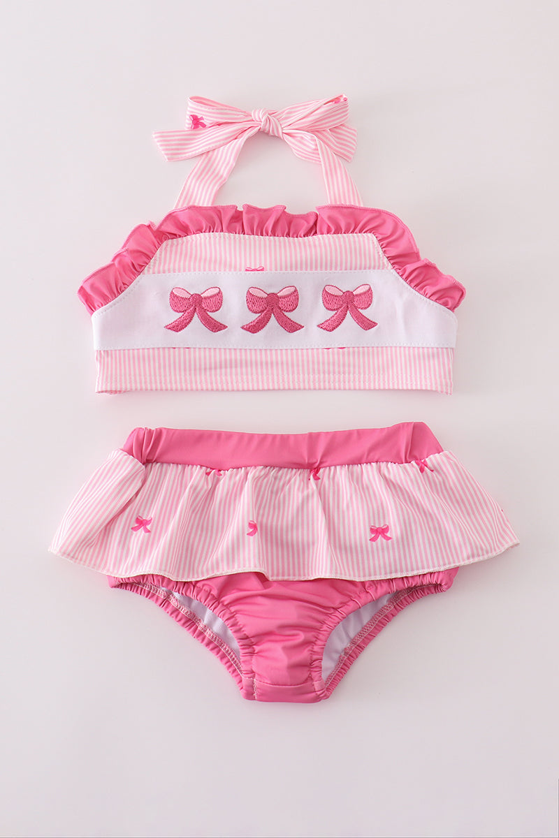 Pink Stripe Bow Embroidery 2Pc Swimsuit