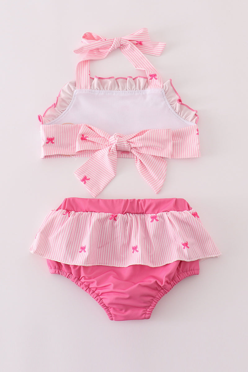 Pink Stripe Bow Embroidery 2Pc Swimsuit